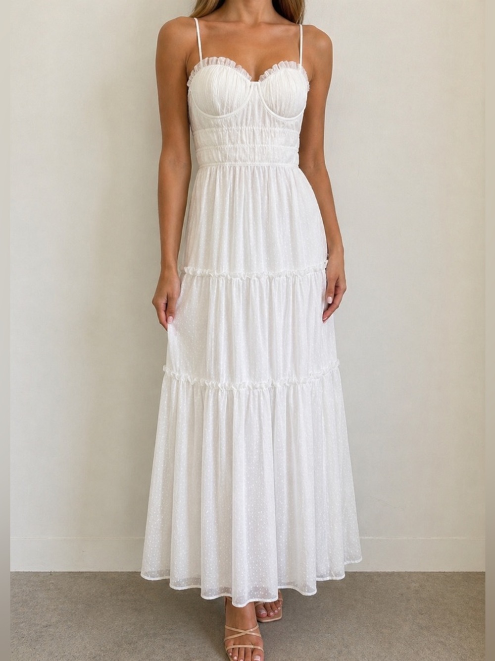 Selfie Leslie White Mesh Overlay Tiered Bustier Maxi Dress